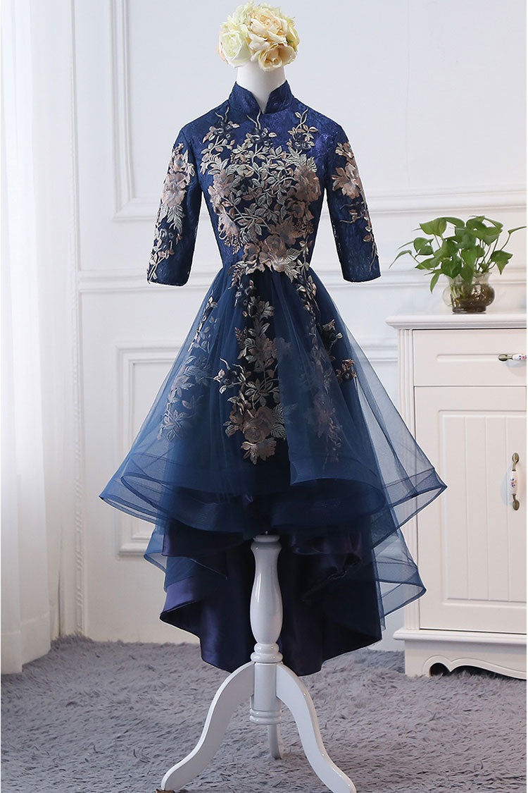 Dark blue lace applique short prom ...